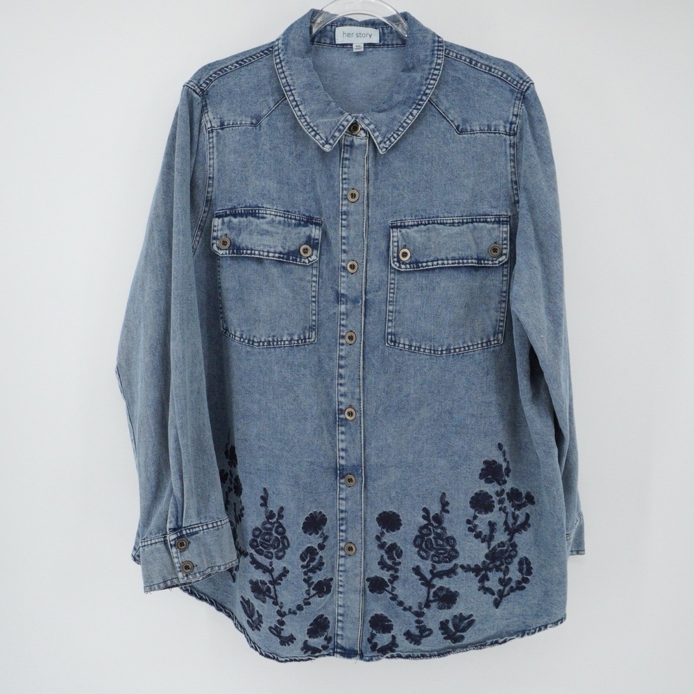 Denim Button Up Long Sleeve Shirt Womens 3XL Western Cowboy Floral Embroidered